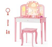 GOPLUS Tocador Infantil con Espejo y Luces, Tocador de Maquillaje Princesa con Espejo Iluminado Plegable en Tres Partes, Cajón de Almacenamiento y Taburete, Mesa y Taburete 2 en 1 (Rosa)