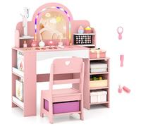 GOPLUS Tocador Infantil con Luces LED de Colores, Tocador de Maquillaje de Princesa con Silla, Estantes de Almacenamiento, Soporte para Joyas, Ranuras para Anillos, para Mayores de 3 Años (Rosa)