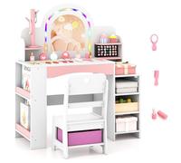 GOPLUS Tocador Infantil con Luces LED de Colores, Tocador de Maquillaje de Princesa con Silla, Estantes de Almacenamiento, Soporte para Joyas, Ranuras para Anillos, para Mayores de 3 Años (Blanco)