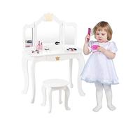 GOPLUS Tocador Niña 2 en 1, Mesa de Maquillaje con Taburete y 3 Espejos Extraíbles,Tocador Infanti con 1 Cajón y Patas de Madera de Pino, para Niños de 3 a 7 Años