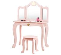 GOPLUS Tocador Niña 2 en 1, Mesa de Maquillaje con Taburete y 3 Espejos Extraíbles,Tocador Infantil con 1 Cajón y Patas de Madera de Pino, para Niños de 3 a 7 Años