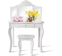GOPLUS Tocador para Niñas con Espejo de 3 Persianas Plegables Ajustables, Parte Superior Extraíble, Tocador Infantil de Maquillaje para Niños, 70 x 34 x 100 cm (Blanco)