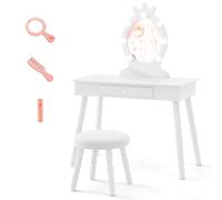 GOPLUS Tocador para Niñas con Espejo y Taburete, Luces LED de 3 Colores, Escritorio Infantil 2 en 1 con Almacenaje, Tocador de Maquillaje con Accesorios de Belleza (Blanco)