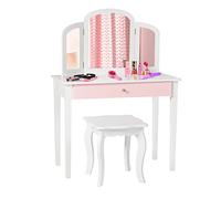 GOPLUS Tocador para niños 2 en 1, tocador y silla, mesa de cosméticos con espejo extraíble de 3 compartimentos y cajón, taburete acolchado de madera, estilo rústico, tocador infantil para niñas