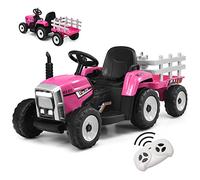 GOPLUS Tractor Eléctrico 12V para Niños de 3+ Años, Coche Eléctrico Infantil con Remolque y Control Remoto 2,4G, Vehículo Eléctrico con Faro LED Música Bluetooth, 3-8km/h, Carga Máxima 30KG, Rosa