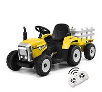 GOPLUS Tractor Eléctrico 12V para Niños de 3+ Años, Coche Eléctrico Infantil con Remolque y Control Remoto 2,4G, Vehículo Eléctrico con Faro LED Música Bluetooth, 3-8km/h, Carga Máxima 30KG, Amarillo