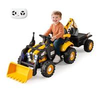 GOPLUS Tractor Eléctrico 4 en 1 para Niños, Coche de Juguete Infantil con Control Remoto, Remolque Desmontable, Asiento Convertible, Luces LED, Excavadora y Bulldozer de Paseo, 3-8 Años (Amarillo)