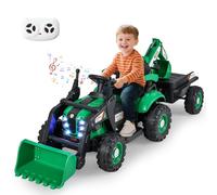 GOPLUS Tractor Eléctrico 4 en 1 para Niños, Coche de Juguete Infantil con Control Remoto, Remolque Desmontable, Asiento Convertible, Luces LED, Excavadora y Bulldozer de Paseo, 3-8 Años (Verde)