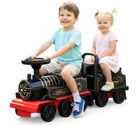 GOPLUS Tren Infantil de 2 Plazas, Locomotora Eléctrica de 6 V con Vagón Desmontable, Luces, Música y Sonidos, Juguete de 10 Ruedas con Espacio de Almacenamiento para Más de 18 Meses