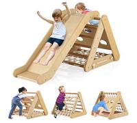 GOPLUS Triángulo de escalada Montessori Niños con red para escalar, tabla y escalera, piedras con tobogán, carga 50 kg, zona de juegos interior para bebé de 1 año+(natural)
