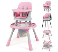 GOPLUS Trona Convertible para Niños 16 en 1, Set de Estudio con Mesa Doble, Bandeja Extraíble, Cesta y Cinturón de Seguridad, Centro de Actividades Ajustable con 3 Juguetes (Rosa + Gris)