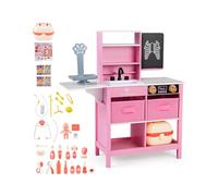 GOPLUS Veterinario Infantil Montessori, Clínica Veterinaria y Maletín de Doctor Infantil con 22 Accesorios con Muñeca, Balanza, Fregadero, Grifo, Cajones y Estantería Plegable, para 3+ Años (Rosa)