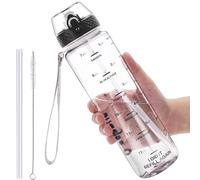 GOPPUS Botella Agua de 1l/32 oz con Pajita Botella de Bebidas Irrompible a Prueba de Fugas con Marcas de Tiempo Botella Deportiva Tritan para Gimnasio Escuela Grande para Adultos Sin BPA