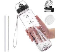 GOPPUS Botella Agua de 1l/32 oz con Pajita Botella de Bebidas Irrompible a Prueba de Fugas con Marcas de Tiempo Botella Deportiva Tritan para Gimnasio Escuela Grande para Adultos Sin BPA con 2 Tapas