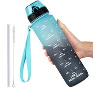 GOPPUS Botella Agua de 1l/32 oz con Pajita Botella de Bebidas Irrompible a Prueba de Fugas con Marcas de Tiempo Botella Deportiva Tritan para Gimnasio Escuela Grande para Adultos Sin BPA