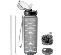 GOPPUS Botella Agua de 1l/32 oz con Pajita Botella de Bebidas Irrompible a Prueba de Fugas con Marcas de Tiempo Botella Deportiva Tritan para Gimnasio Escuela Grande para Adultos Sin BPA con 2 Tapas