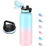 GOPPUS Botella de agua de acero inoxidable de 1,134 g con pajilla, botellas aisladas de doble pared con correa, termo grande al vacío, a prueba de fugas, mantiene las bebidas frías, botellas con tapa