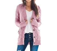 Goranbon - Cárdigan de punto trenzado para mujer, suéter de manga larga, frente abierto y botones, A16-rosa, XL