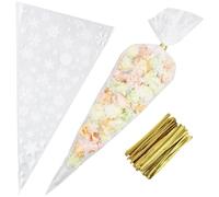 GORGECRAFT 100 bolsa con Forma de Cono de Caramelo de Copo de Nieve, 30x16cm, Transparente, para Palomitas de Maíz, Bolsas de Celofán, Lazos Giratorios, Dulces, Galletas, Envoltura de Violonchelo