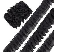 GORGECRAFT 10M Cinta de Encaje de Gasa Plisada de Doble Capa Negra de 5 cm de Ancho 2 Capas de Volantes Fruncidos Ribete de Tul Cinta de Tela para el Hogar DIY Manualidades de Costura Disfraz Funda