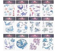 GORGECRAFT 12 Hojas Océano Animales Tatuajes Temporales Extraíbles Cuerpo Pegatinas Papel Azul Púrpura Mar Tortuga Goldfish Delfín Ballena Concha Pulpo Estrella de Mar Traje para Brazo Cuello Fiesta