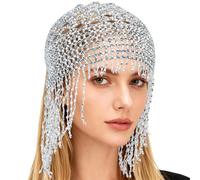 GORGECRAFT 1920s Gorro con Cuentas Tocado Estilo Flapper Cleopatra Gorro con Borlas Diamantes de Imitación Cadena Cabeza de Novia de Cristal Gran Cadena el Cabello Sombrero Plateado Fiestas Temáticas