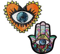 GORGECRAFT 2 Estilos Parches de Ropa de Mal de Ojo Sin Pegamento Parches de Lentejuelas Grandes Ojos de Mano Corazón Ojos Malvados Insignia Bordada Motivo de Apliques Coser Parches para Manualidades