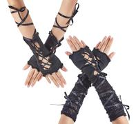 GORGECRAFT 2 par de Guantes Largos de Encaje Sin Dedos Negros de 2 Estilos para Mujer Guantes Cortos Ajustables Estilo Punk Lolita Calentadores de Brazos de Hada Rasgados Vintage Guantes con Cordones
