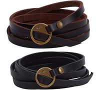 GORGECRAFT 2 pulsera de Piel de Vaca Negra para Mujer, Apilable, 5 vueltas, Círculo de Cuero Genuino, Estilo Bohemio, Vintage, Punk, de 6mm, con Correa Larga, Pulsera para Mujer, Joyería Hecha A Mano