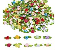 GORGECRAFT 200pcs 10 Colores Mini Rosas de Cinta para Manualidades Flores de Tela Artificial con Hojas Verdes Rosetas Pequeñas Flores Cintas de Satén Adornos Apliques para Coser Lazos Boda Día