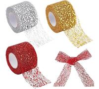 GORGECRAFT 30 Yardas 3 Estilos Cinta de Malla Brillante 50mm de Ancho Satinado Organza Metálico Web Purpurina Lentejuelas Decorativas Borde de Alambre Tul Rollo Carrete Red de Tela para Envolver