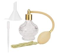 GORGECRAFT 80ml Botella de Perfume de Estilo Vintage de Cristal Transparente Amarillo Spray Largo Borlas Bomba Atomizadora Botellas de Vidrio Recargables Tolva de Embudo de Plástico Gotero