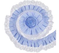 GORGECRAFT Borde de Encaje Plisado con Volantes de Cuadros Azules de 4.6m Cinta de Gasa de Malla Fruncida de 6.3cm Tela de Tafetán A Cuadros Aplique de Tul Bordado Borde para Coser Manualidades Picnic