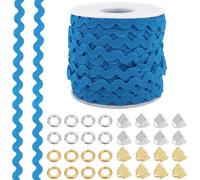 GORGECRAFT Cinta Decorativa Rick Rack de 25m Azul 5mm~8.5mm Costura Ondulada Borde de Flecos con 32 Piezas de Cinta de Hierro de 2 Colores Extremos Engarzados Y 64 Piezas de Anillos de Salto