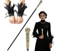 GORGECRAFT Disfraz de Reina Malvada con Bastón Vintage de 146.6cm Halloween Cosplay Bastón Antiguo con Mango Dorado 1 pares de Guantes Góticos de Encaje Plumas Negros Mujer Ideales Eventos Temáticos E