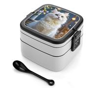 Gorgeous White Cat Bento Box 1000ml Leak Proof Lunch Container with Removable Dividers & Spoon - BPA-Free PP Stackable Lunch Box for Work, Office, Picnic, Travel, Dining Out