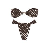 GORGLITTER Bandeau Bikini para mujer, diseño de lunares, traje de baño bandeau, parte superior con decoración de mangas, parte inferior de bikini, sin tirantes, juego de ropa de baño, marrón, M