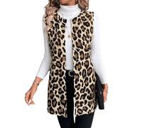 GORGLITTER Chaleco sin mangas para mujer, elegante, cuello redondo, chalecos con estampado de leopardo, chalecos informales, chalecos ligeros y abiertos, chaleco largo para otoño, Leopardo., S