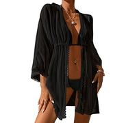 GORGLITTER Kimono para mujer, cárdigan de playa, holgado, corto, bohemio, bikini, funda de gran tamaño, ropa de playa ligera, poncho de playa con encaje, Negro , S