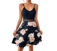 GORGLITTER Vestido informal para mujer, 2 en 1, sin mangas, acampanado, vestido de verano, vestido bohemio, vestido corto con encaje, Negro , L