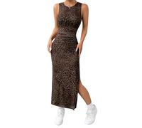 GORGLITTER Vestido largo para mujer, elegante, con estampado de leopardo, vestido informal con abertura, bodycon vestido de fiesta, sin mangas, Leopardo., M