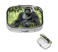 Gorilla in The Grass Pastillero con espejo, 2 compartimentos, decorativo, para bolso o bolsillo, organizador de pastillas cuadrado pequeño, organizador semanal de metal, medicina, tableta, vitaminas