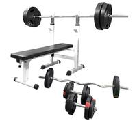 GORILLA SPORTS® Banco de Pesas Multifunción - con Estante y Estación de Dip, Incluye Juego de Pesas de 100 kg, Altura y Ángulo de Inclinación Ajustables, Plegable, Banco Plano, Color Blanco