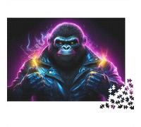 Gorilla with Lightning-Cyberpunk Art Style 1000 Pieces Adult Puzzle Neon Gorilla in Leather Jacket for Adults & Kids Age 12 Years + Gift 52x38cm/1000pcs