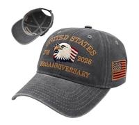 Gorra de béisbol 250° - Recuerdo de algodón | Gorra patriótica - Sombrero de exterior ligero y ajustable para el aniversario de 1776-2026 para camping, senderismo, deportes de viaje, Gris, Medium