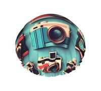 Gorra de ducha con estampado retro Cool Camera Collection, gorro de baño reutilizable, doble capa, mantiene el cabello seco, se adapta a todas las cabezas