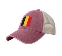 Gorra de malla de mezclilla lavada con motivo de Bélgica Bandera Nacional Unisex Gorra de béisbol ligera y respirante, adecuada para desplazamientos urbanos y aventuras al aire libre., rojo, Talla