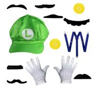 Gorra de Marrio, Super Bros Disfraz de Cosplay Disfraz Accesorios Sombreros Bigote Guantes Botón Tirantes Cosplay Disfraz Accesorios Disfraz de Bros Cosplay para Carnaval Halloween Cumpleaños(Verde)