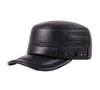 Gorra Militar Unisex de Cuero para otoño e Invierno. Gorra Estilo cadete, Gorra Plana con Orejeras, Gorra de béisbol cálida,Negro,Large