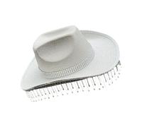 Gorras de vaquera con flecos y diamantes de imitación con alas anchas y polvo brillante para mujer, club nocturno y fiestas nocturnas, sombrero de vacaciones, blanco, Talla única